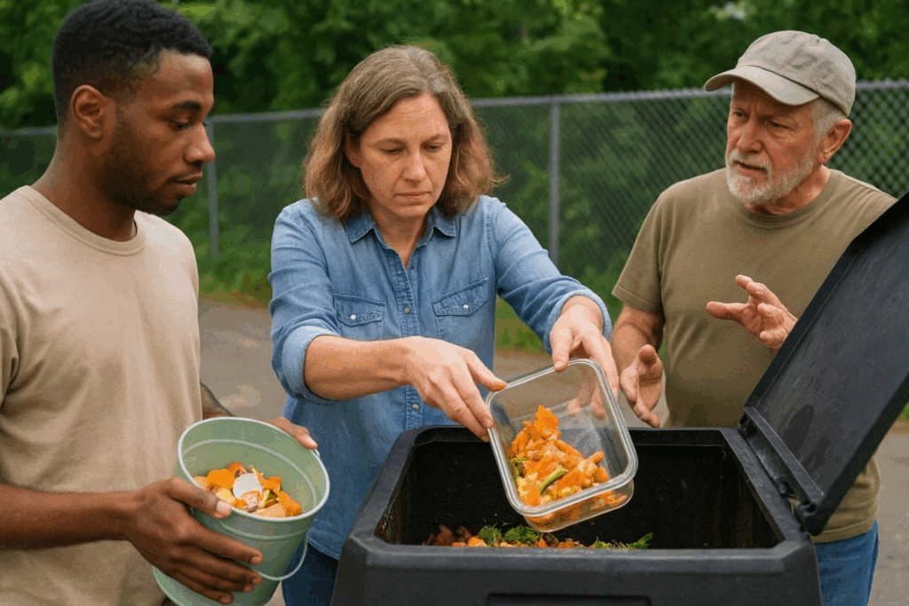 People sorting food scraps at compost station