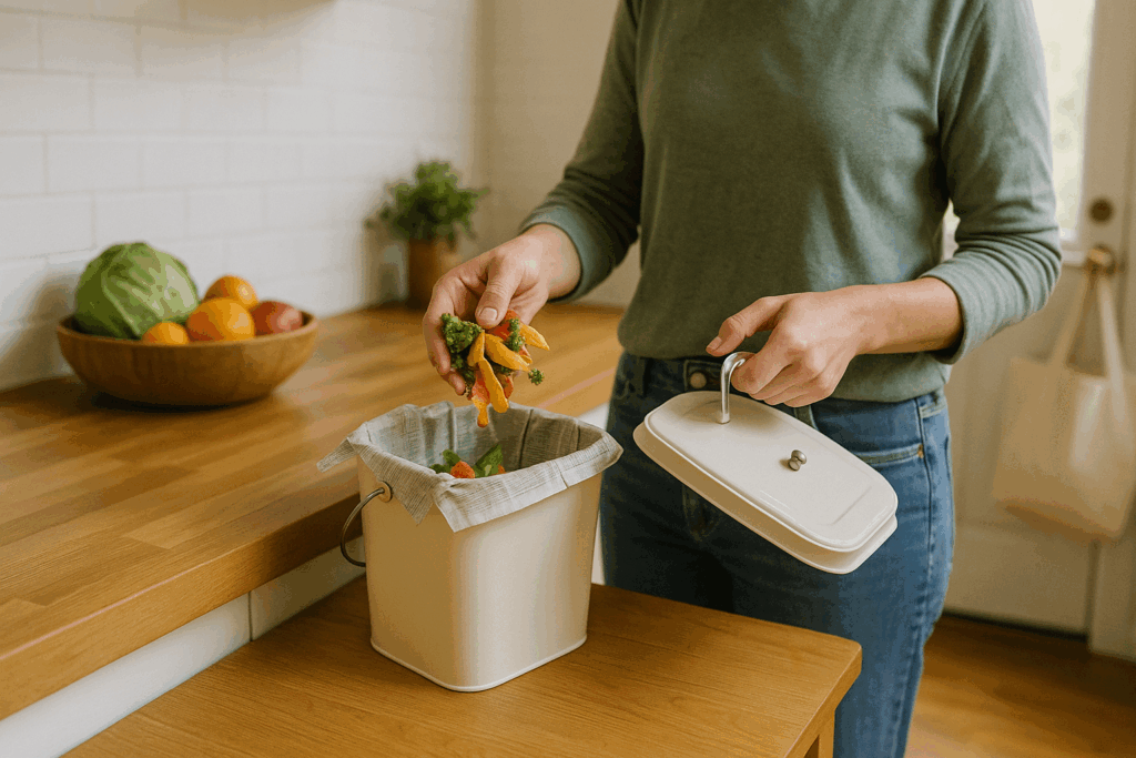 Person adding food scraps to kitchen compost bin