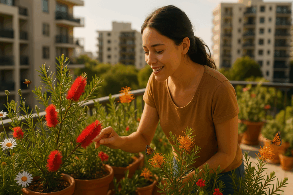 Woman tending balcony garden with native flowers and bees
