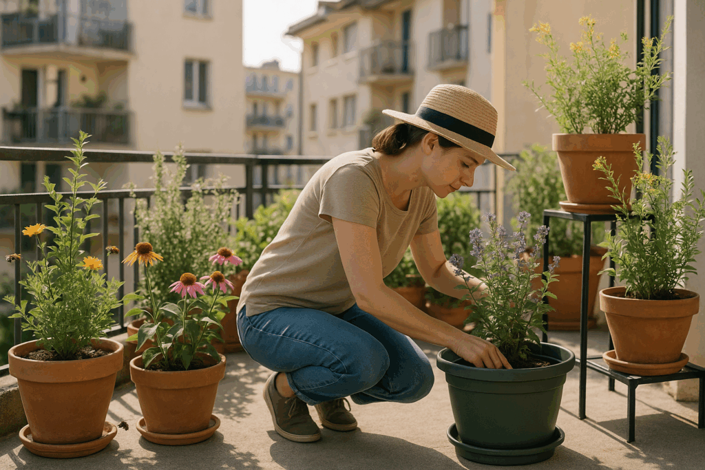 Person tending native plants on sunny balcony garden