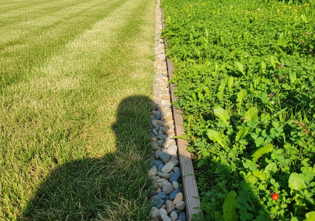 Generate a realistic image showing a close-up, low-angle view of a vibrant and diverse lawn alternative. The ground is covered in a lush mix of low-growing plants, including soft green mosses, small-leafed clover, and a few patches of tiny, delicate native wildflowers in bloom. A single, detailed honeybee is realistically captured, resting on one of the small flowers, highlighting the pollinator-friendly aspect. The entire scene is bathed in warm, natural sunlight, making the foliage look healthy and water-efficient without any sign of dryness. /// Image Requirements: Landscape orientation, 4:3 ratio, relevant and realistic style, no text in the image (if you do include any text, blur them out smoothly).