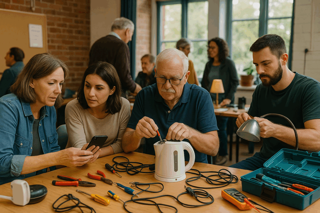 Volunteers repairing electronics at community repair café.