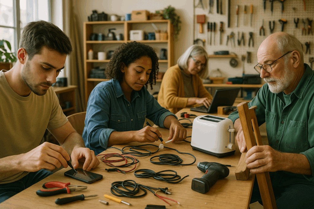 Volunteers repairing electronics and appliances at community workshop