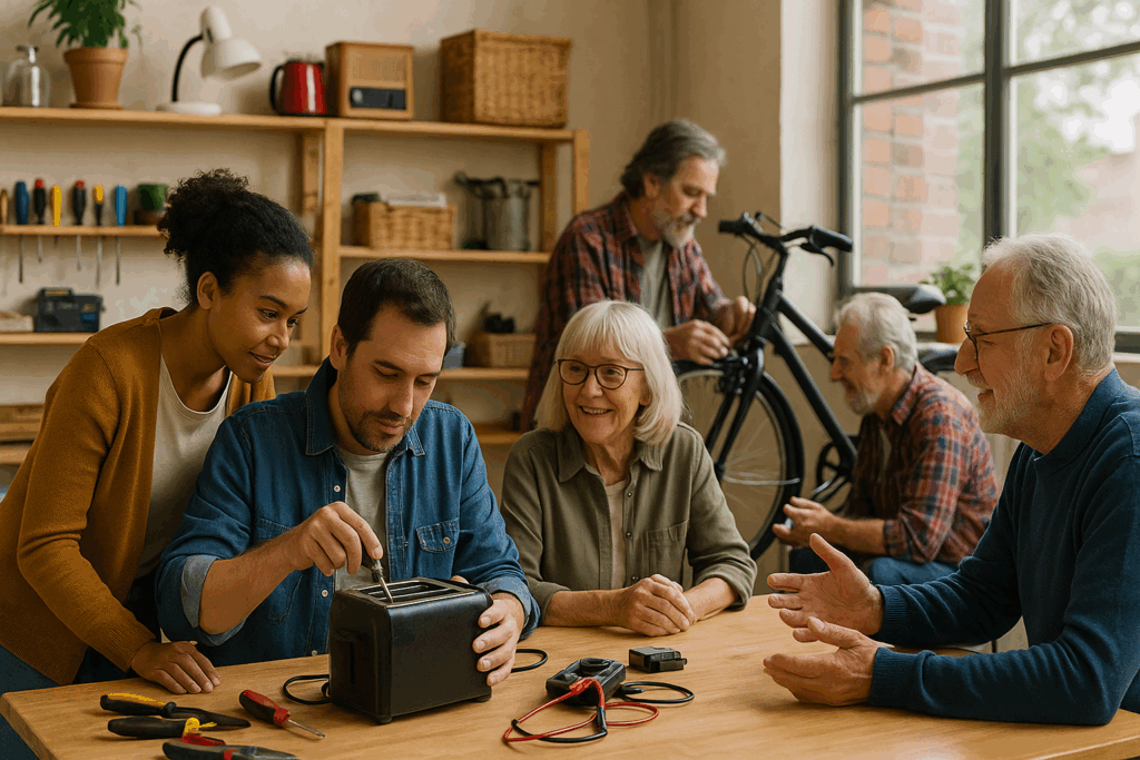 People repairing electronics together at community workshop