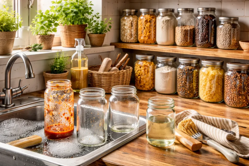 Washing pasta sauce jars for reuse