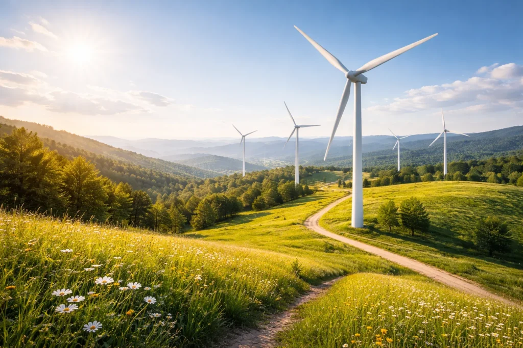 Wind Power works by capturing Kinetic energy